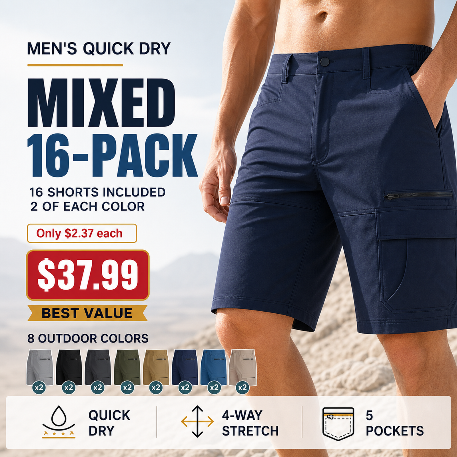 Mixed 16-Pack quick dry hiking cargo shorts bundle