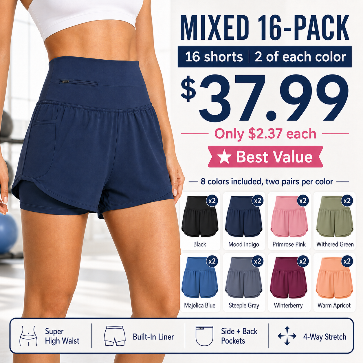 Mixed 16-Pack women 2-in-1 yoga shorts bundle