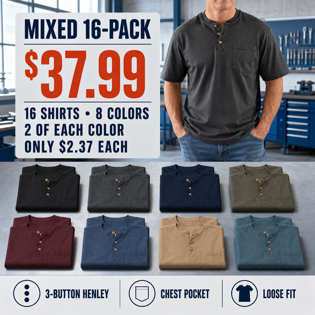 Mixed 16-Pack offer with two pocket Henley shirts in each of eight colors