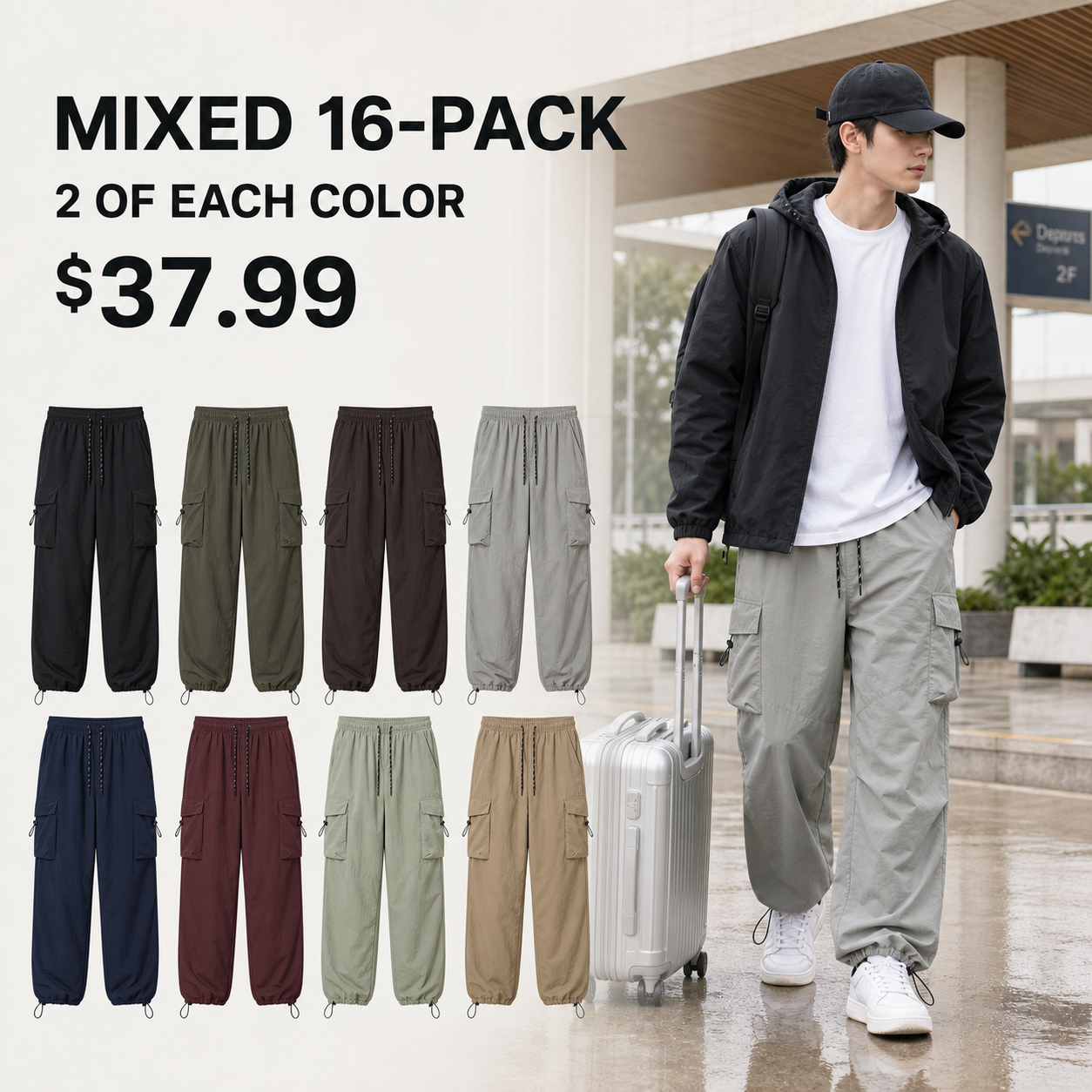 Mixed 16-Pack parachute cargo pants with two of each frozen color