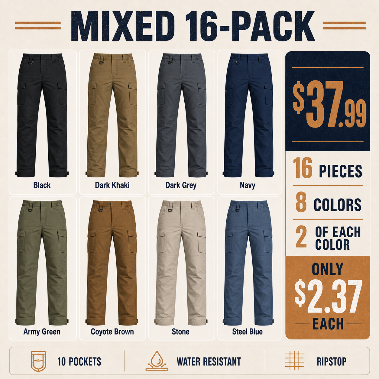 Mixed 16-Pack tactical work pants with two of each color