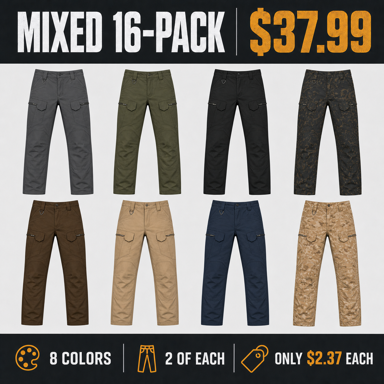 Mixed 16-Pack men's tactical cargo pants with two of each color