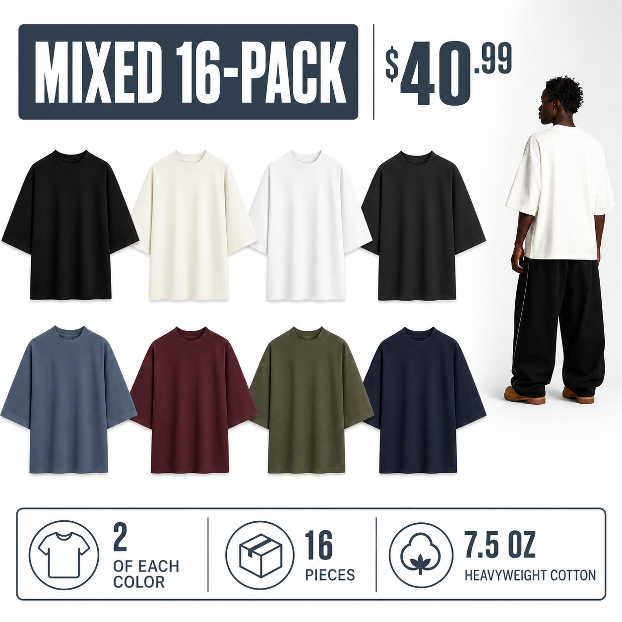 Mixed 16-Pack offer with two of each heavyweight cotton T-shirt color