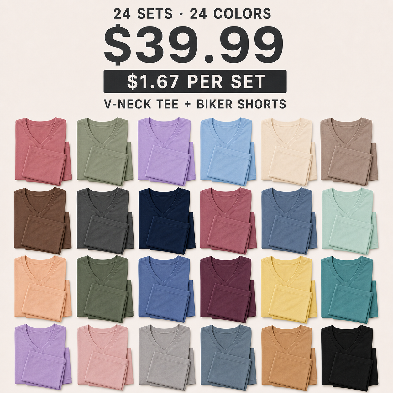 24 sets in 24 colors V-neck tee and biker shorts lounge set multipack