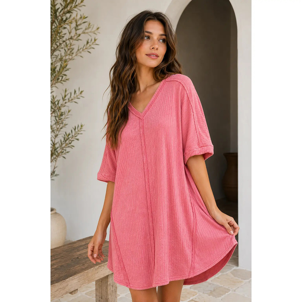 Rose ribbed acid-wash V-neck mini dress