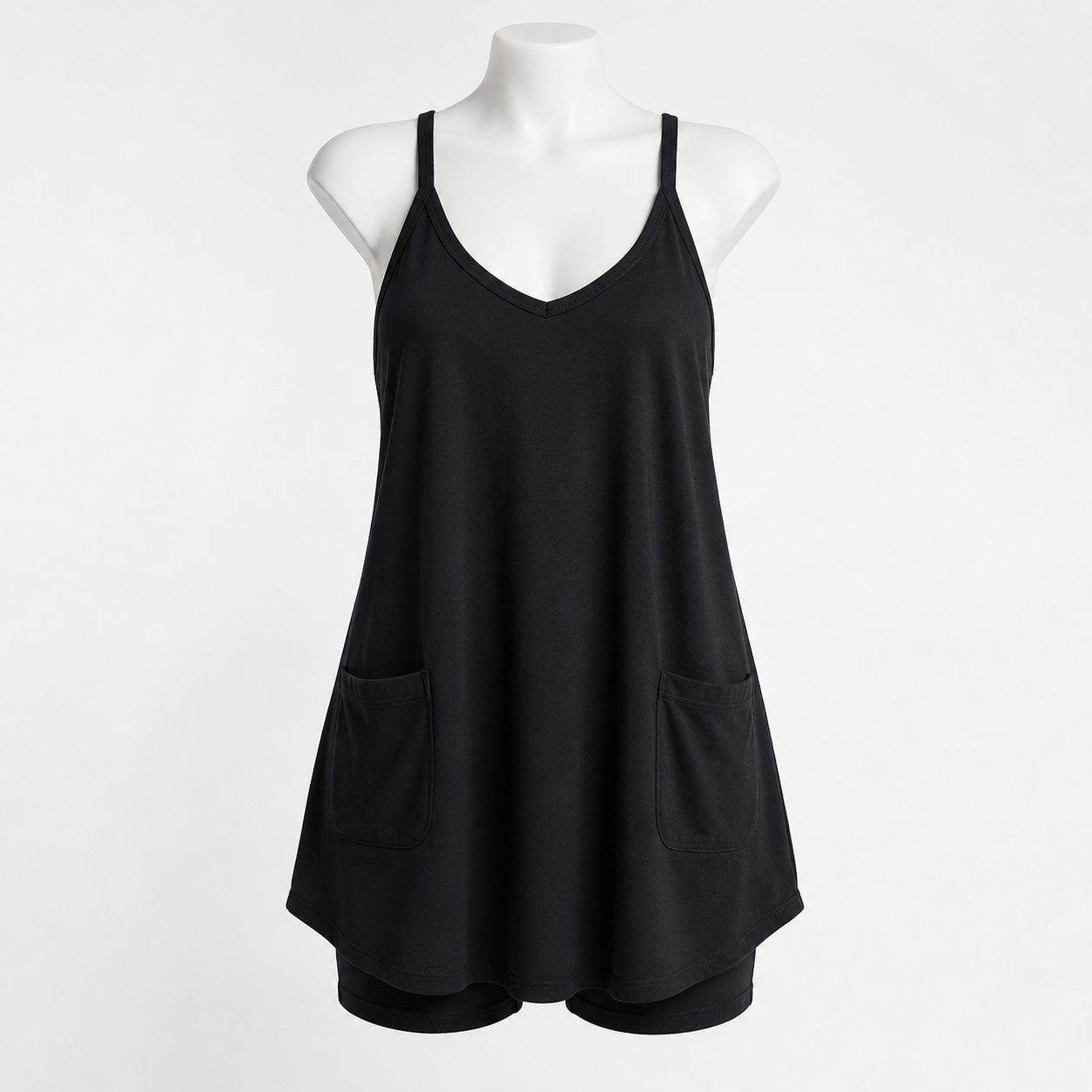 Black sleeveless mini dress romper front view
