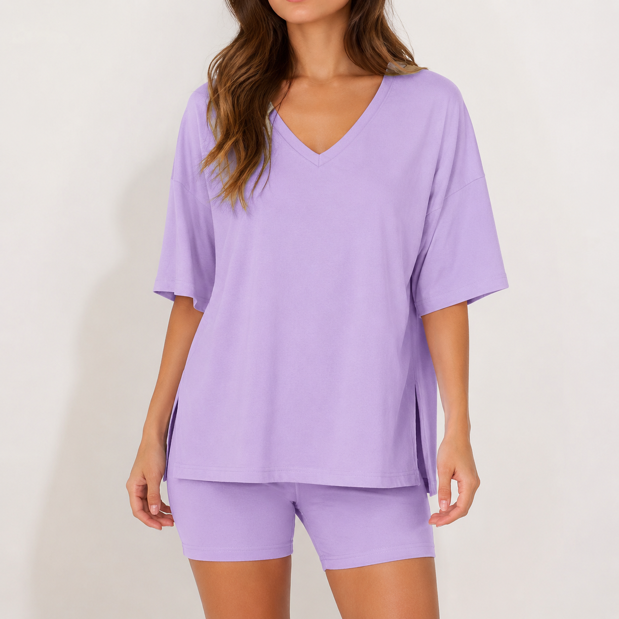 Lavender oversized V-neck tee and biker shorts lounge set front view