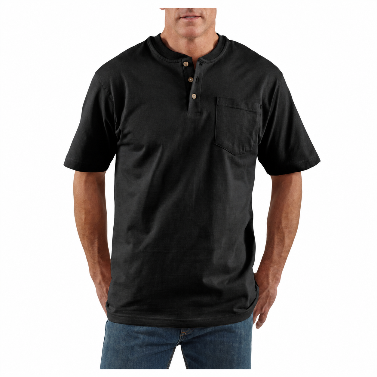 Black loose-fit midweight three-button pocket Henley front view