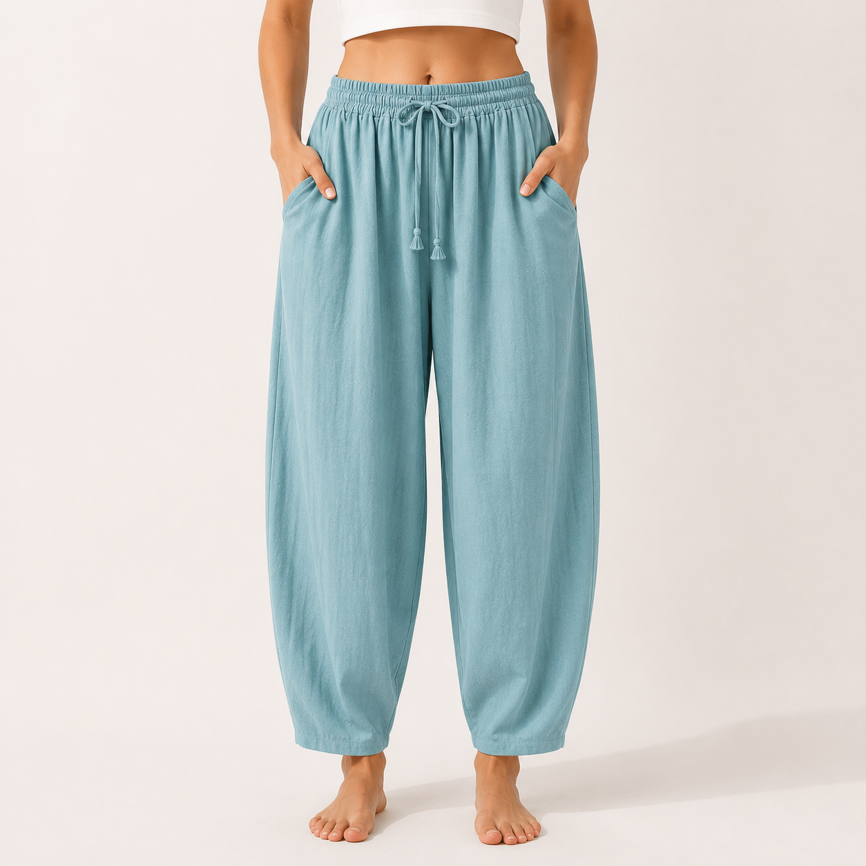Aqua blue linen blend wide leg palazzo pants front