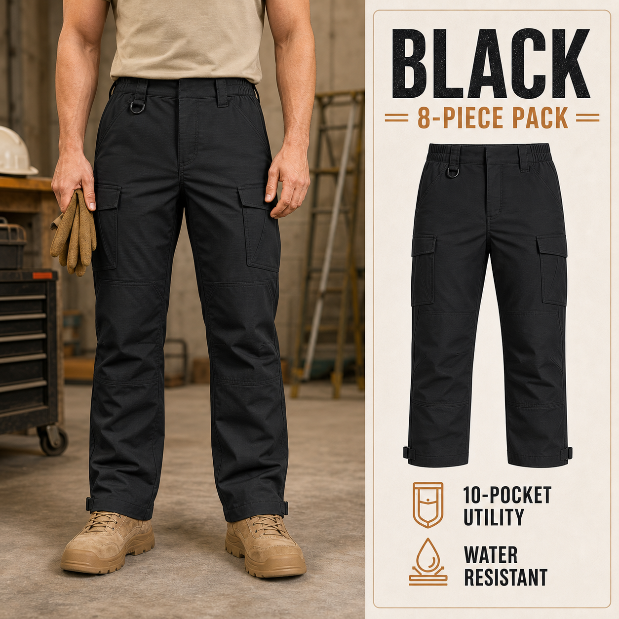 Black 8-Pack lightweight ripstop tactical work pants