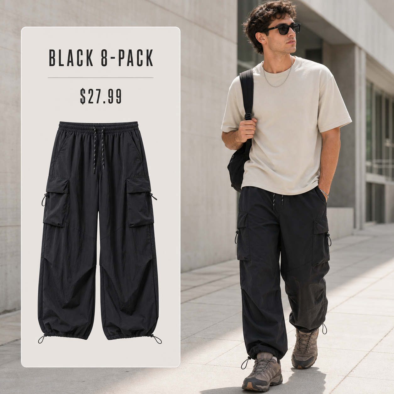 Black lightweight parachute cargo pants 8-Pack