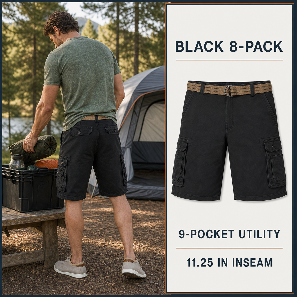 Black 8-Pack cargo shorts in an outdoor setting