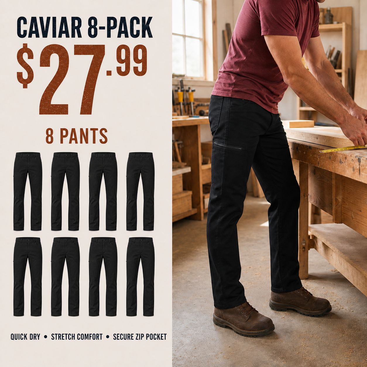 Caviar utility pants 8-Pack in a bright workshop scene