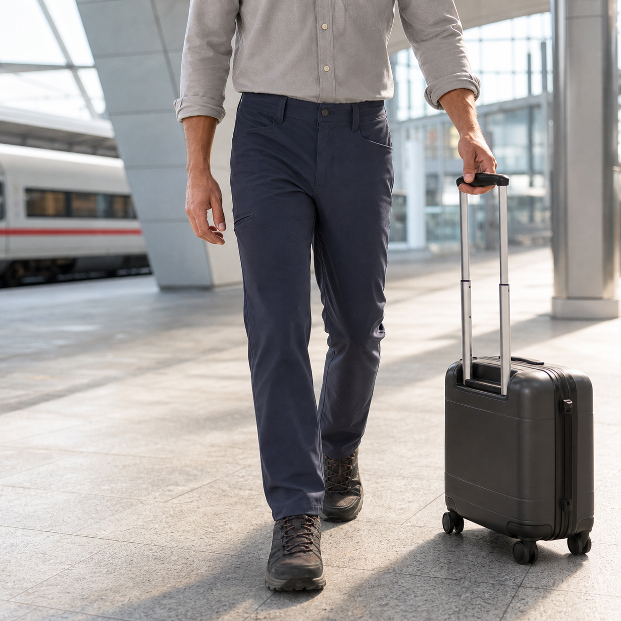 Men's utility stretch pants in a train station travel scene
