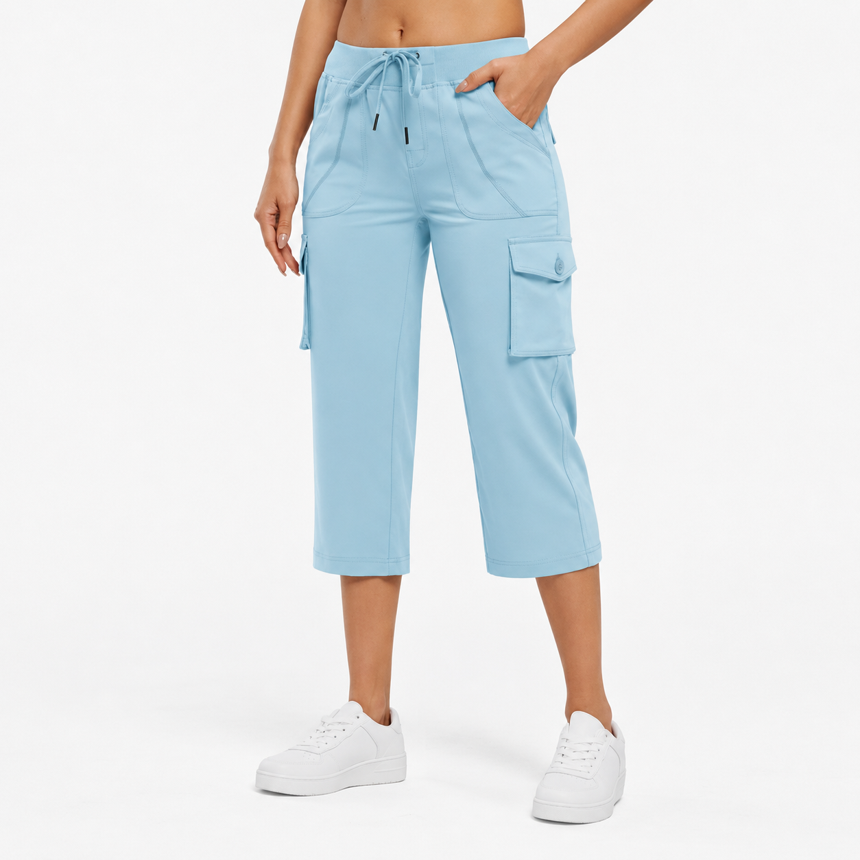Sky Blue cargo capri pants front view