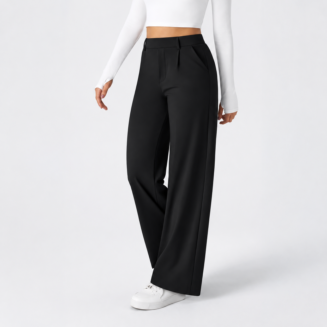 Black wide leg dress pants front view