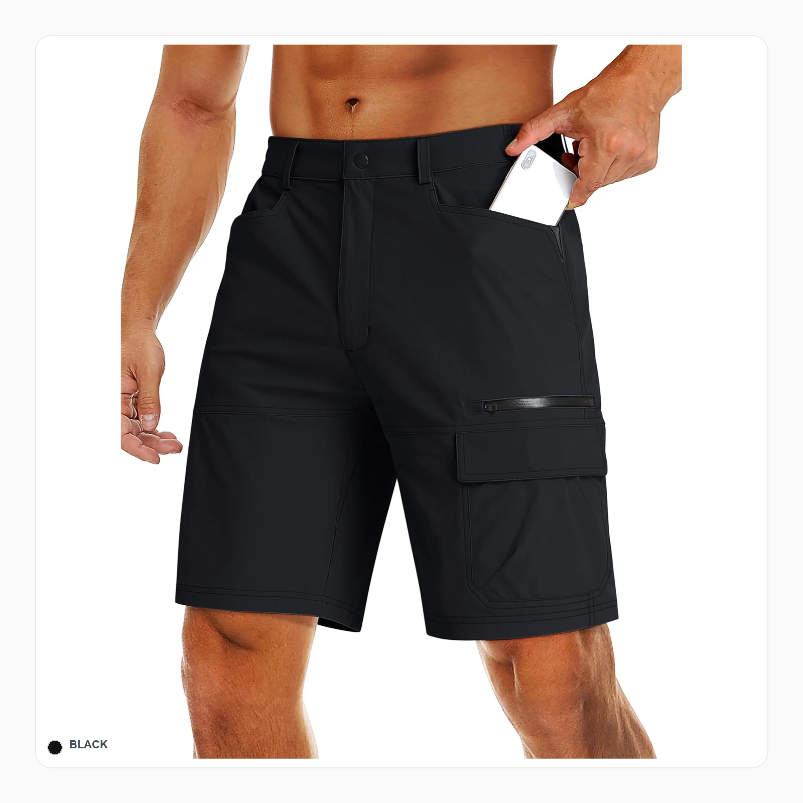 Black quick dry hiking cargo shorts front