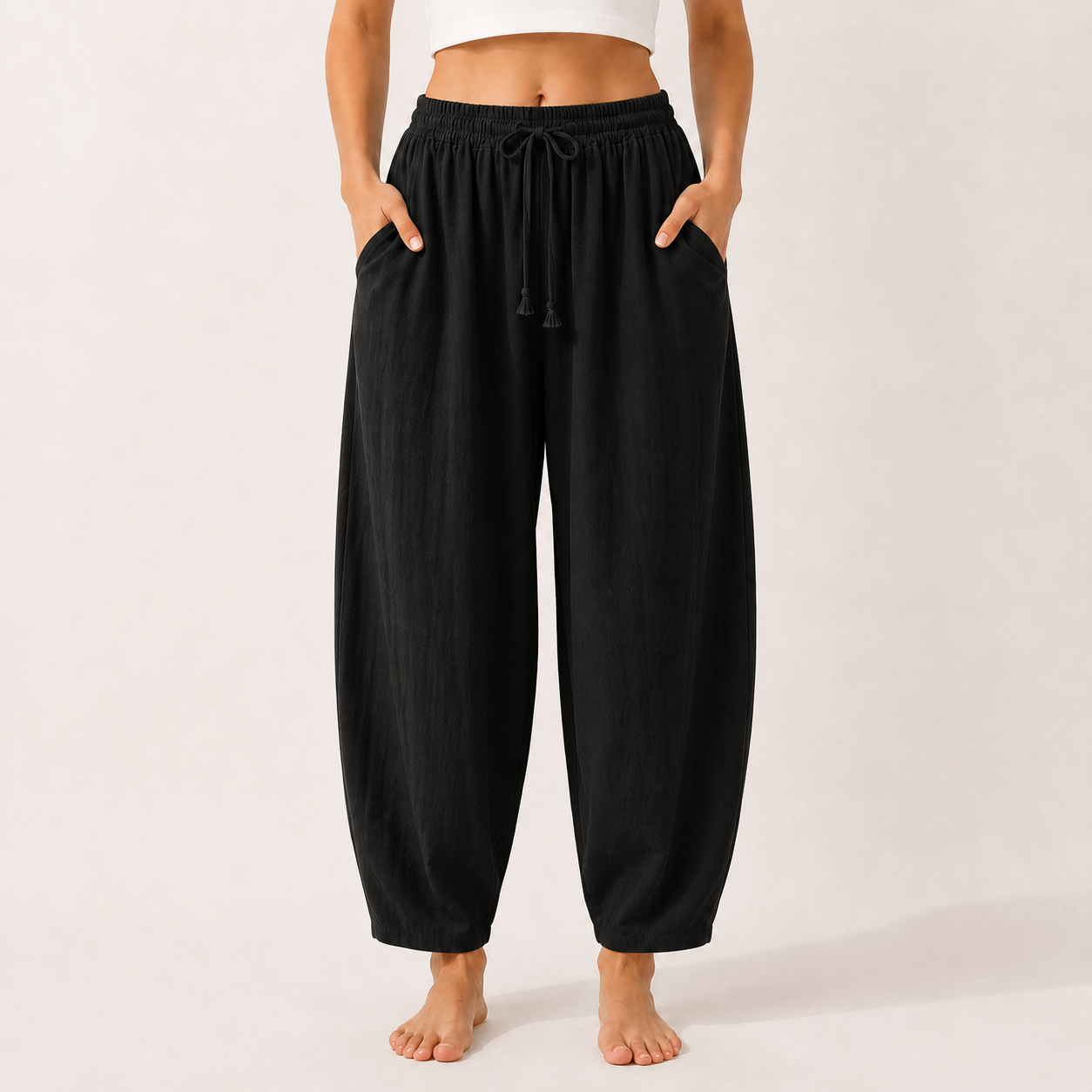 Black linen blend wide leg palazzo pants front
