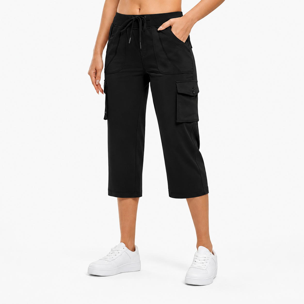 Black cargo capri pants front view