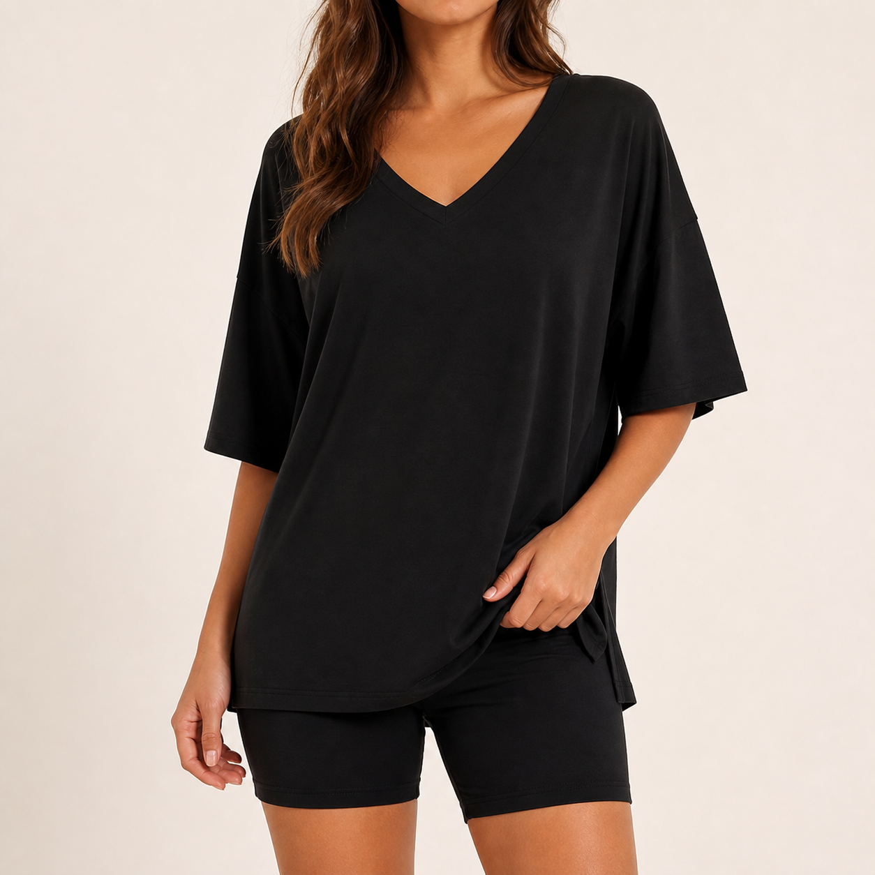 Black oversized V-neck tee and biker shorts lounge set