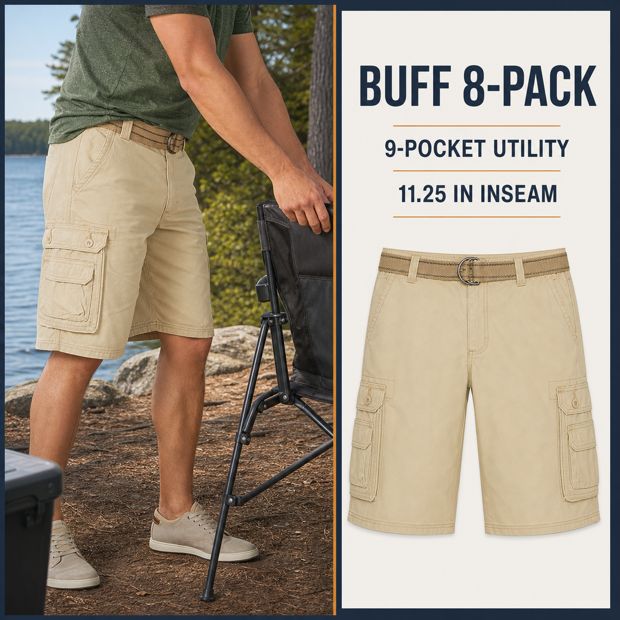 Buff 8-Pack cargo shorts in a lakeside setting