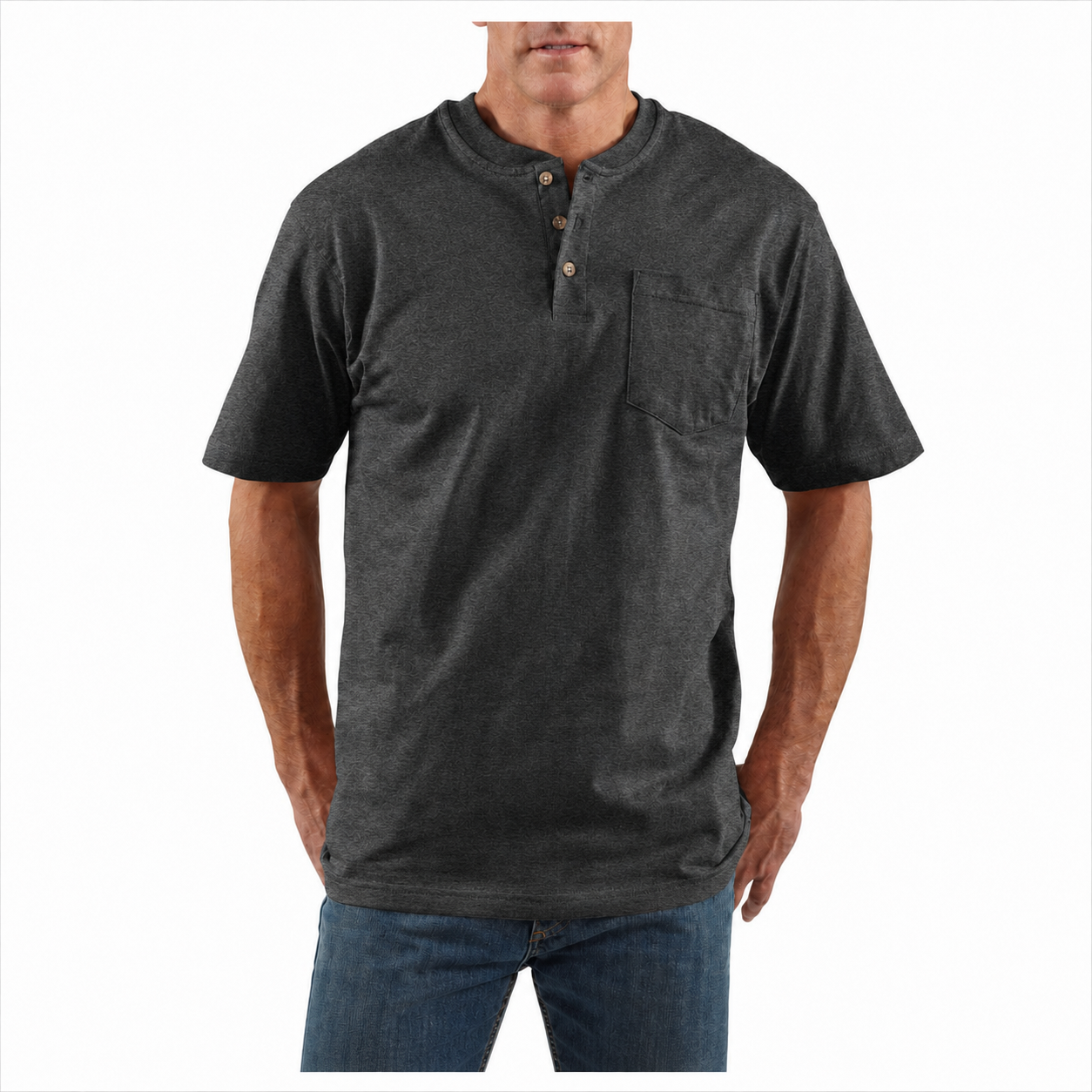 Charcoal Heather loose-fit midweight three-button pocket Henley front view