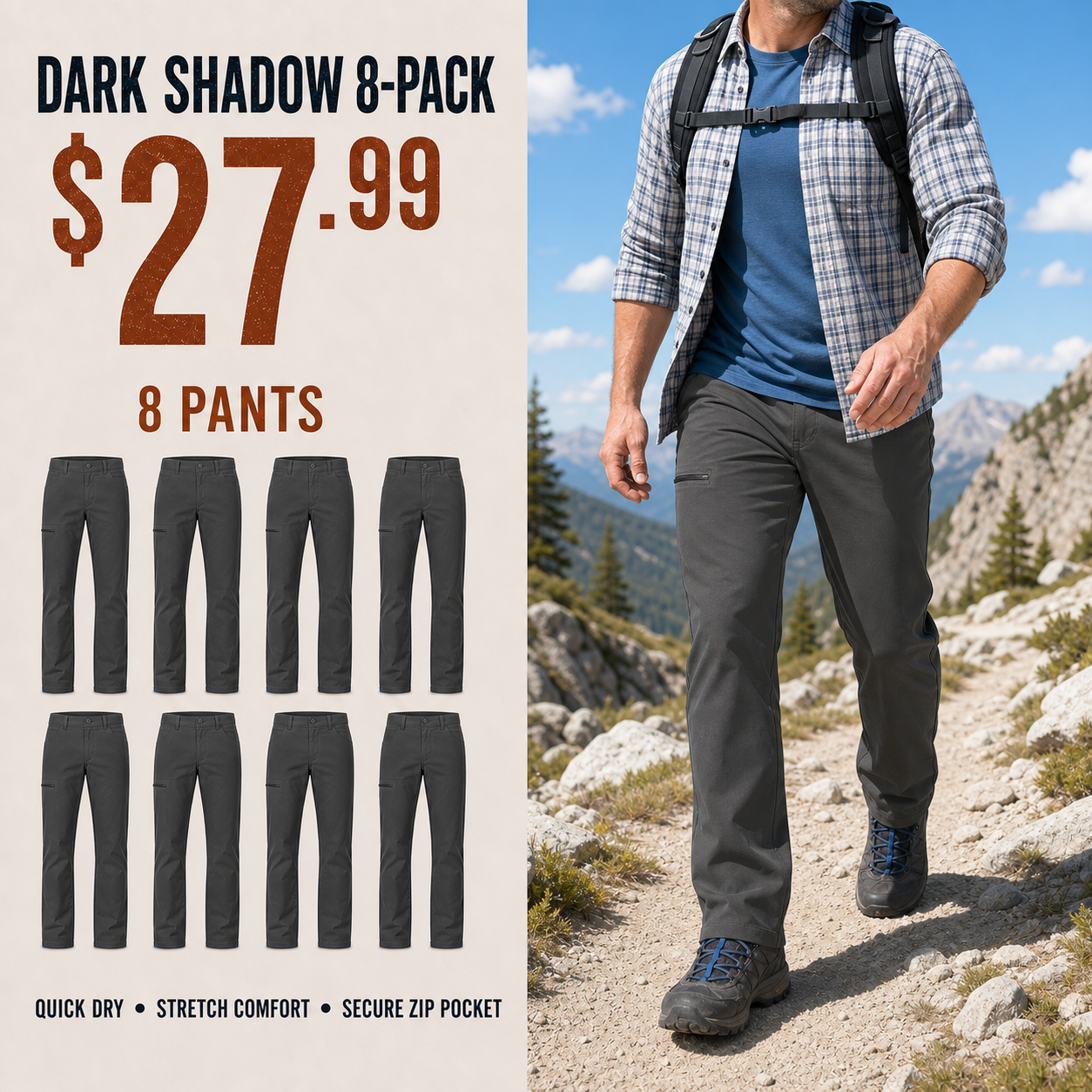 Dark Shadow utility pants 8-Pack on a bright hiking trail