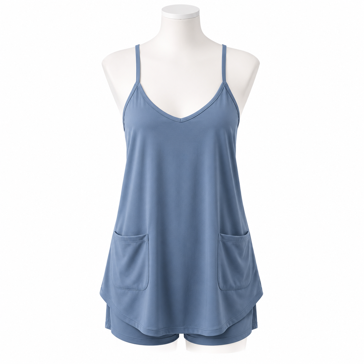 Dusty Blue sleeveless mini dress romper front view