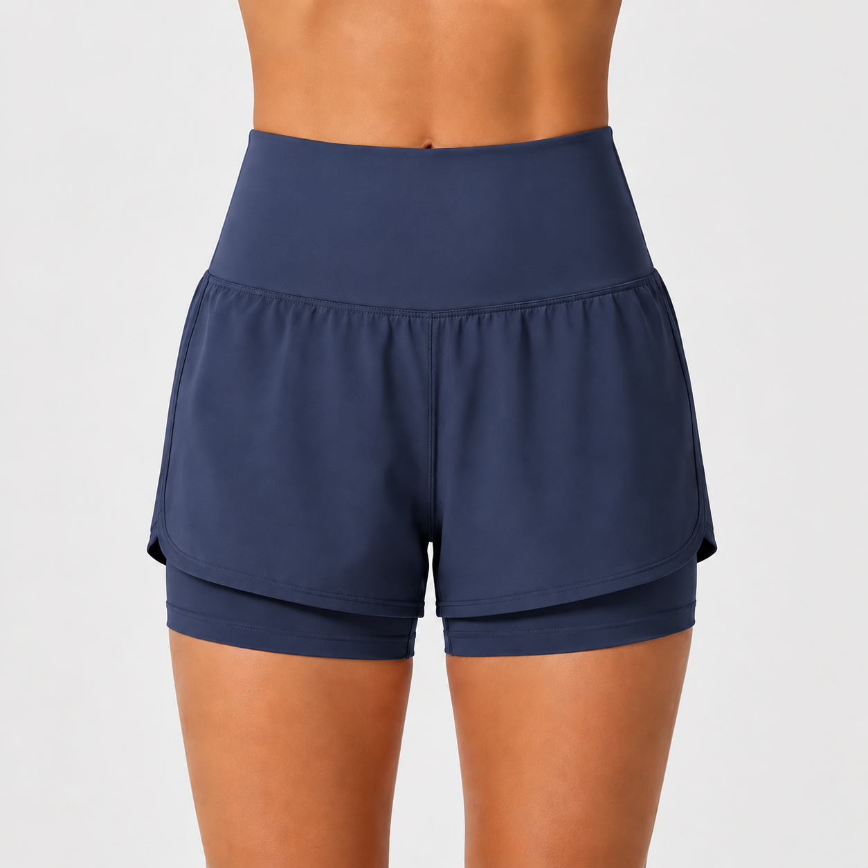Mood Indigo super high waisted 2-in-1 yoga shorts front view