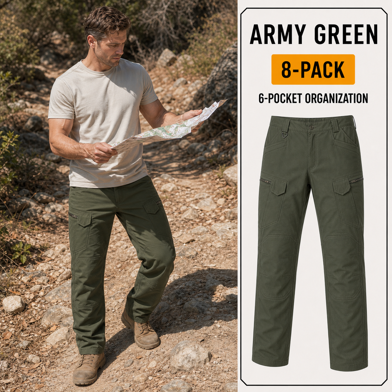 Army Green 8-Pack men's stretch tactical cargo pants