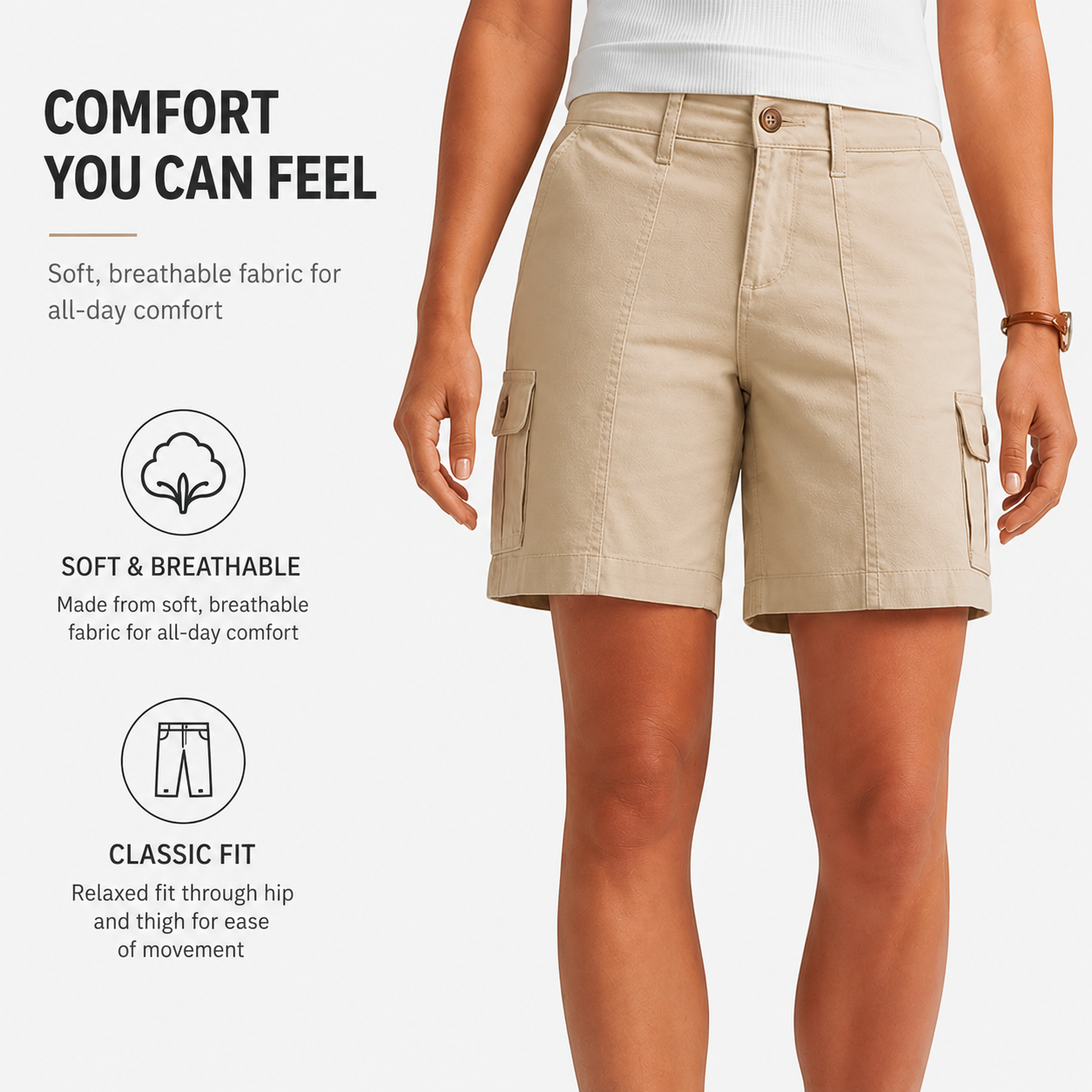 Waistband zipper and cargo pocket detail for women's relaxed cargo shorts