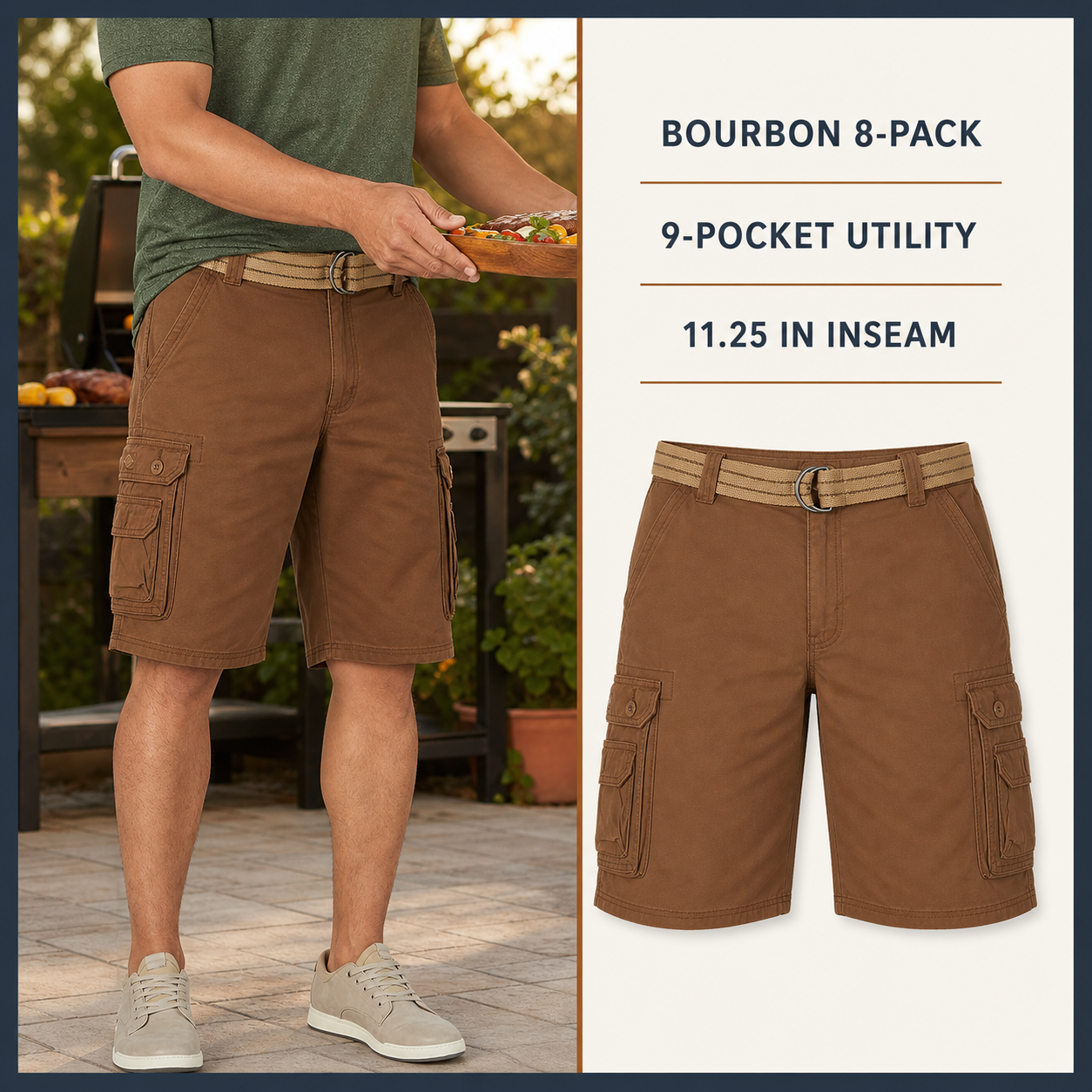 Bourbon 8-Pack cargo shorts in a backyard setting