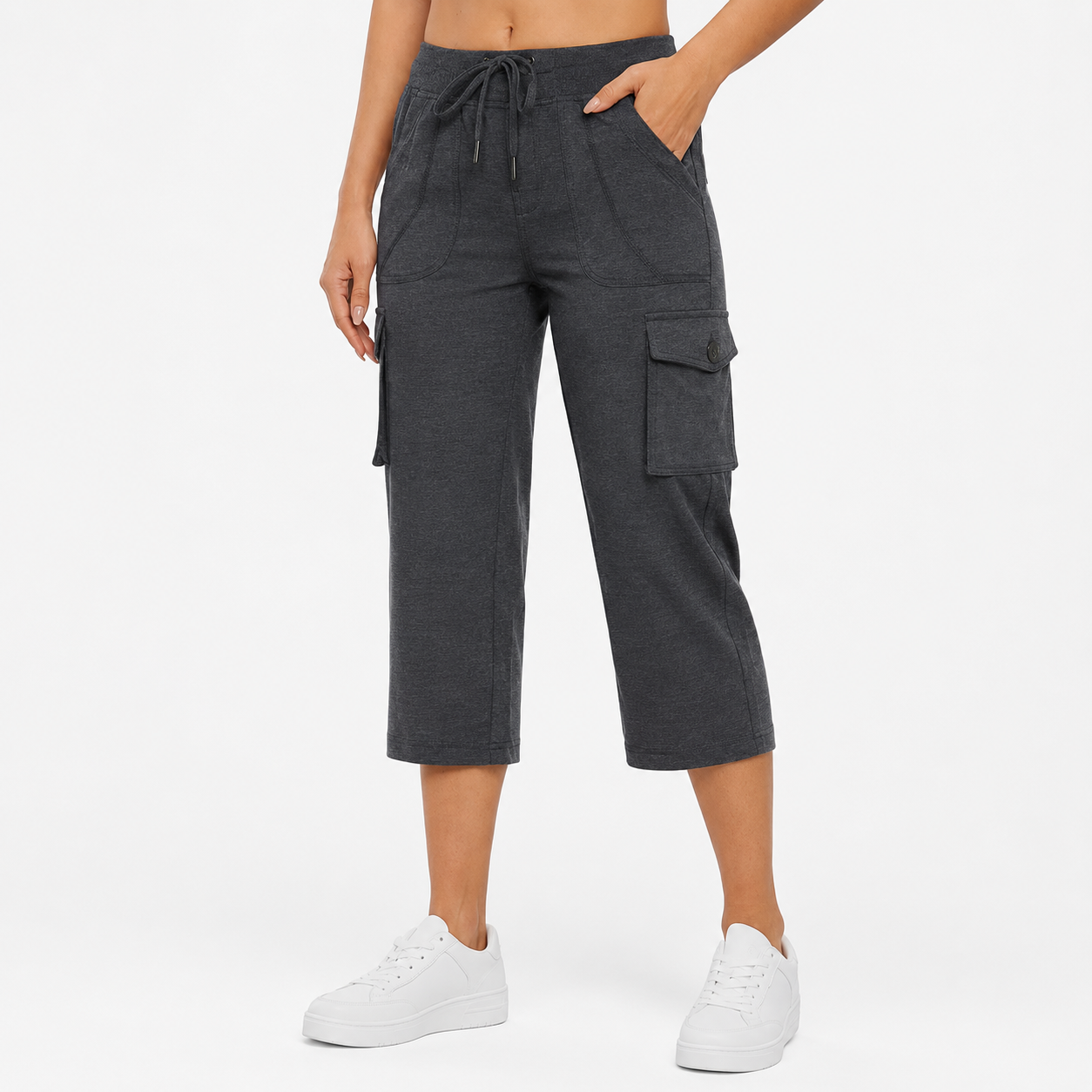 Charcoal cargo capri pants front view