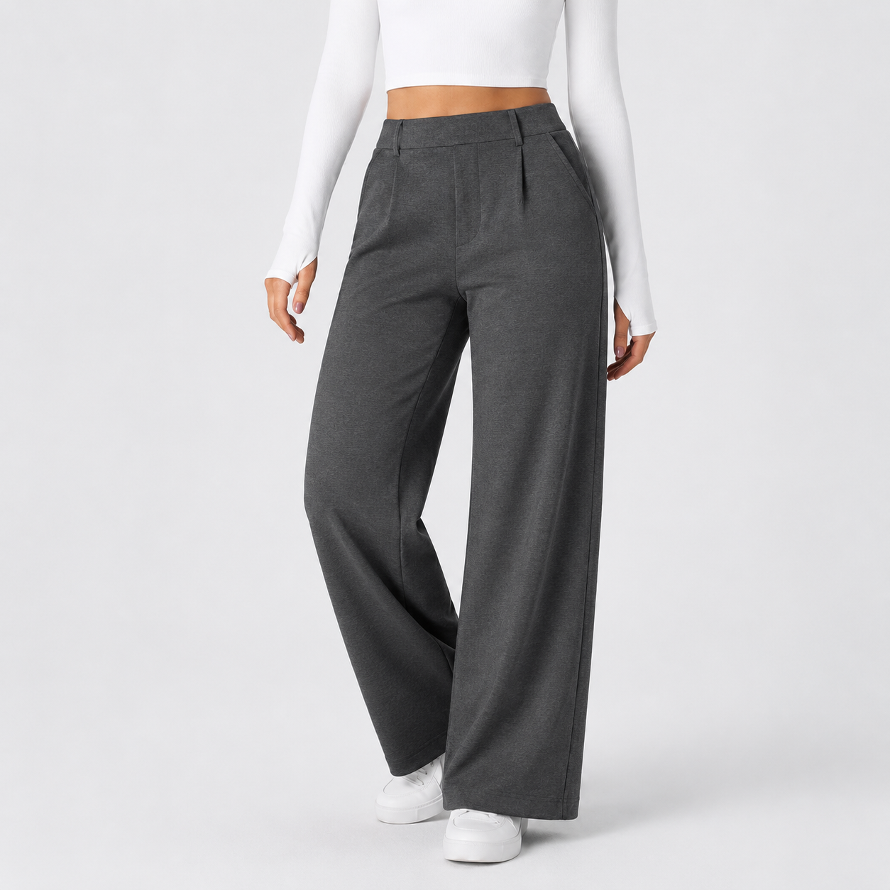 Charcoal Heather wide leg dress pants front view