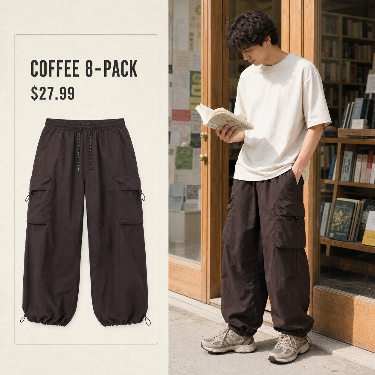 Coffee lightweight parachute cargo pants 8-Pack