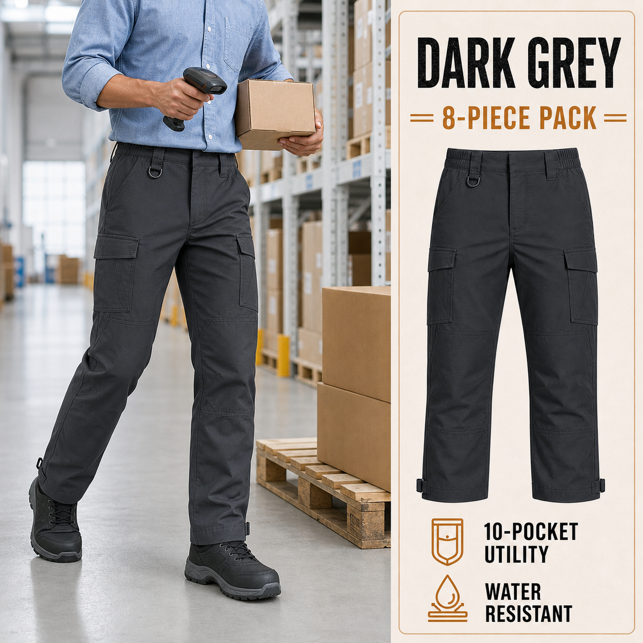 Dark Grey 8-Pack lightweight ripstop tactical work pants