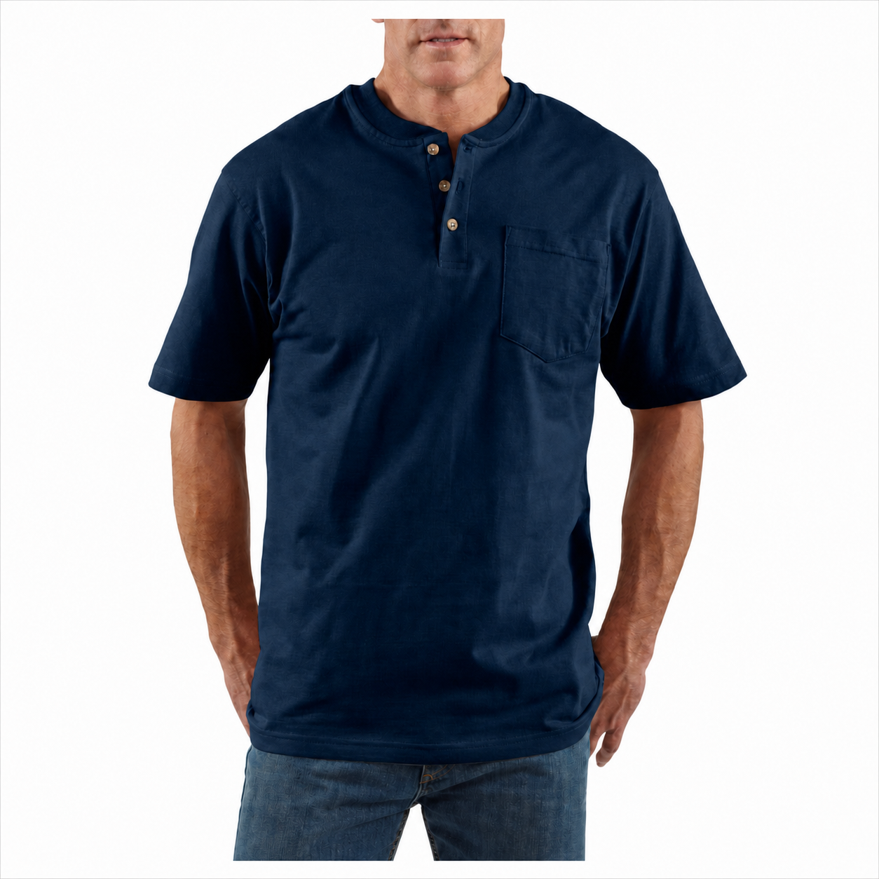 Midnight Navy loose-fit midweight three-button pocket Henley front view