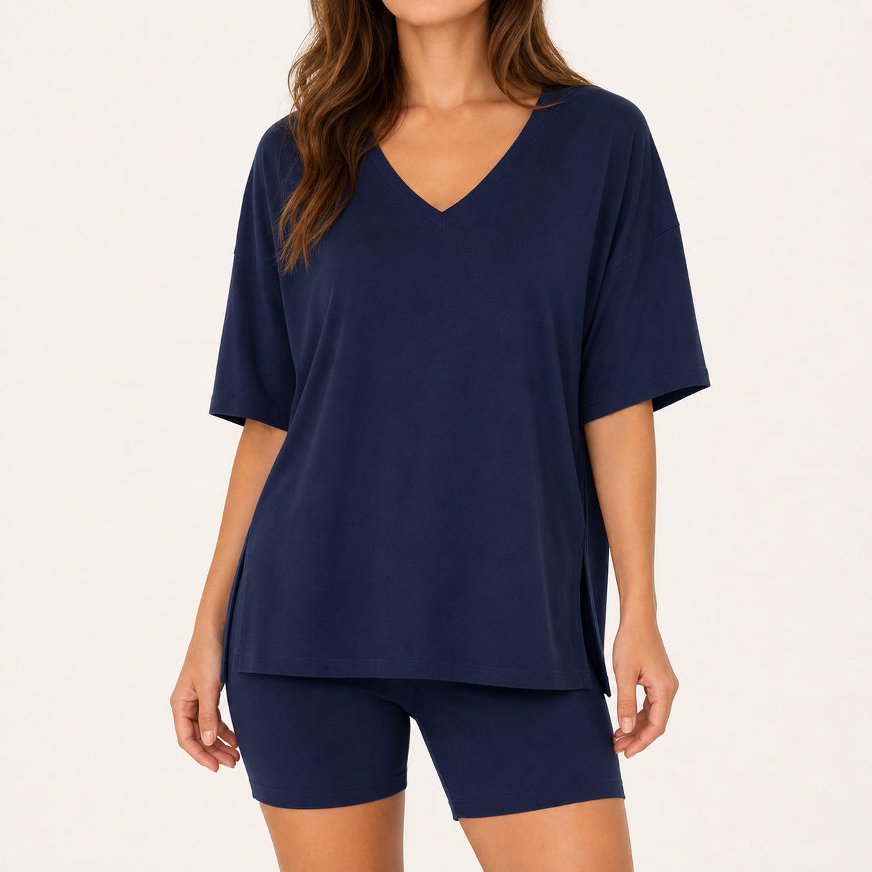 Midnight navy oversized V-neck tee and biker shorts lounge set