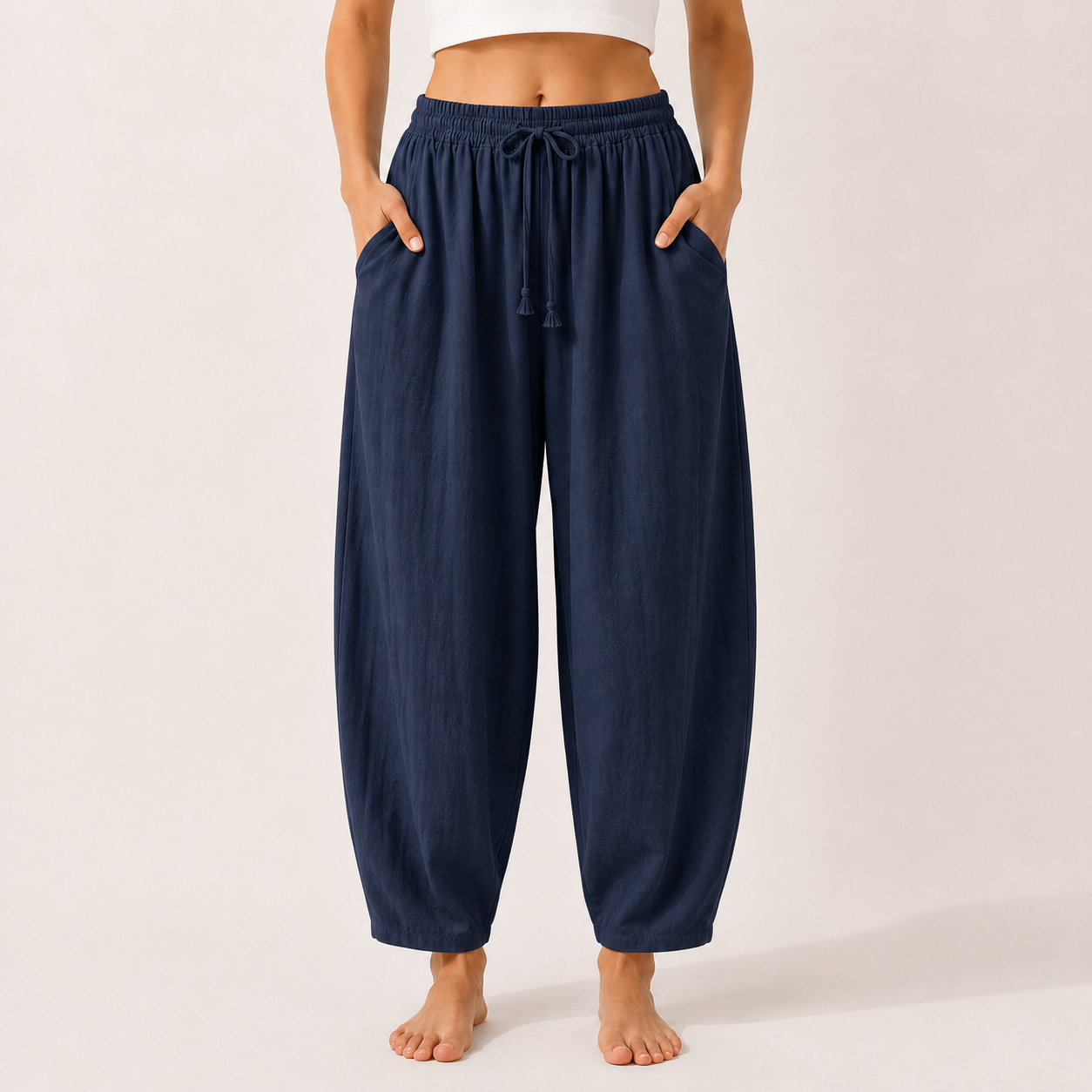 Navy linen blend wide leg palazzo pants front