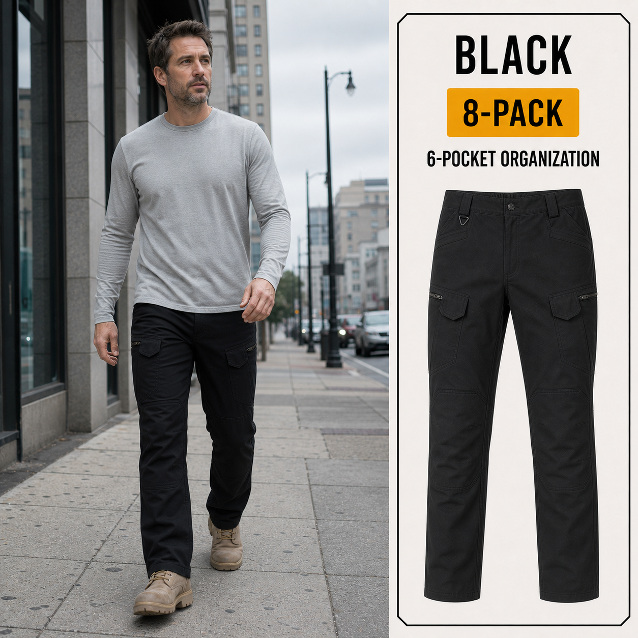 Black 8-Pack men's stretch tactical cargo pants