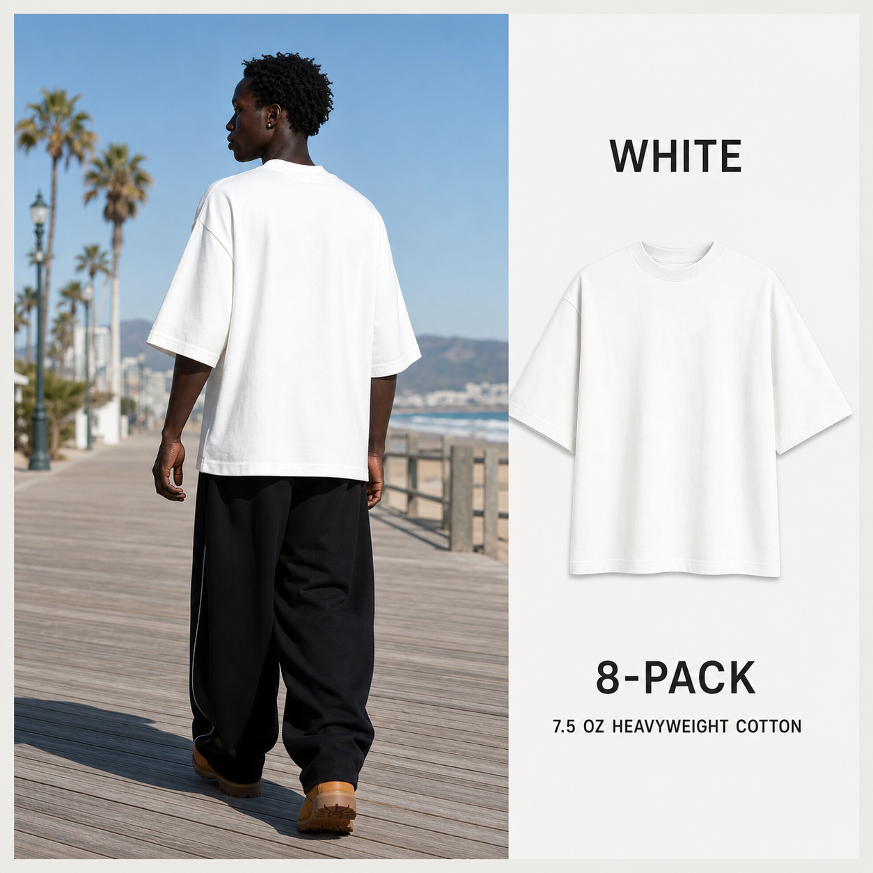 White 8-Pack heavyweight oversized cotton T-shirt on a boardwalk