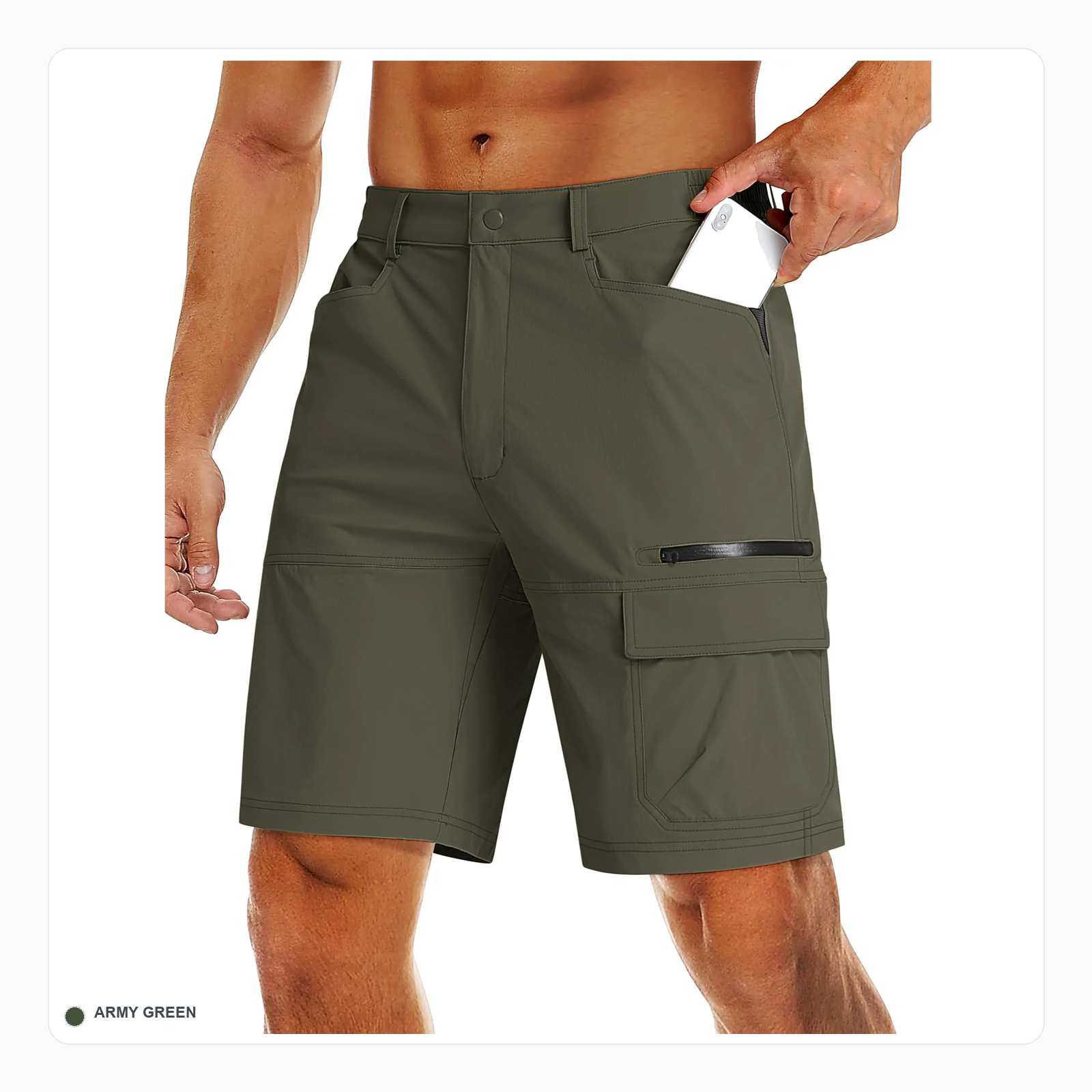 Army green quick dry hiking cargo shorts front