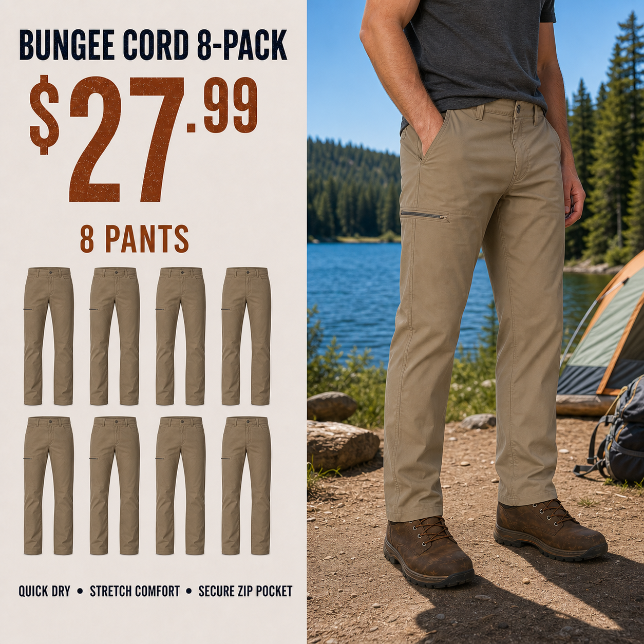 Bungee Cord utility pants 8-Pack in a cool blue camping scene