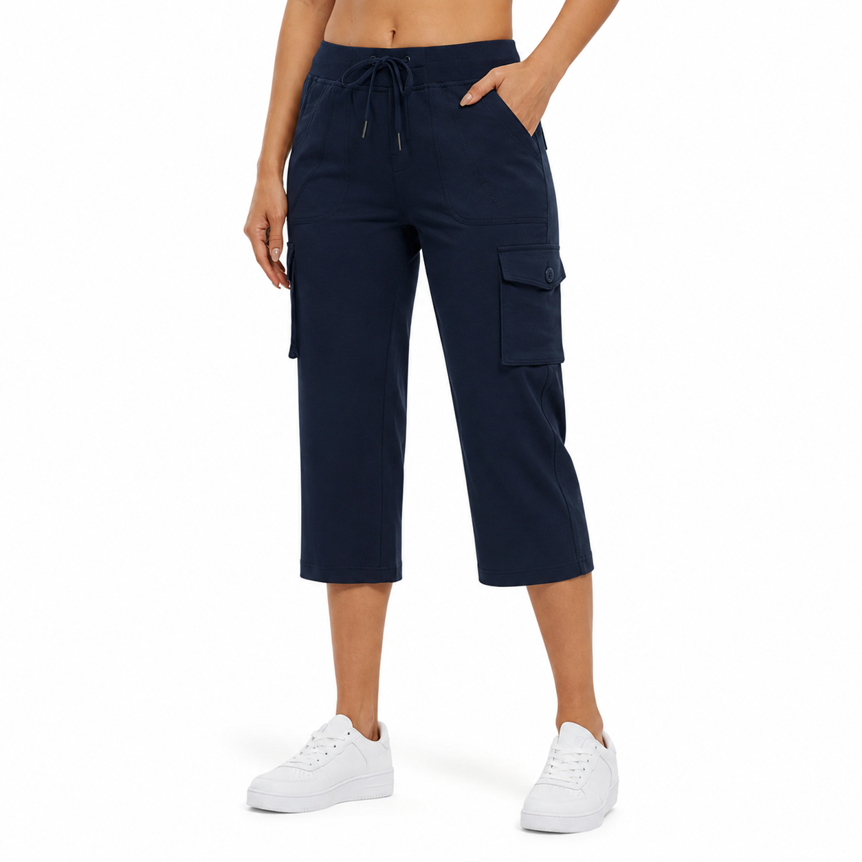 Midnight Navy cargo capri pants front view