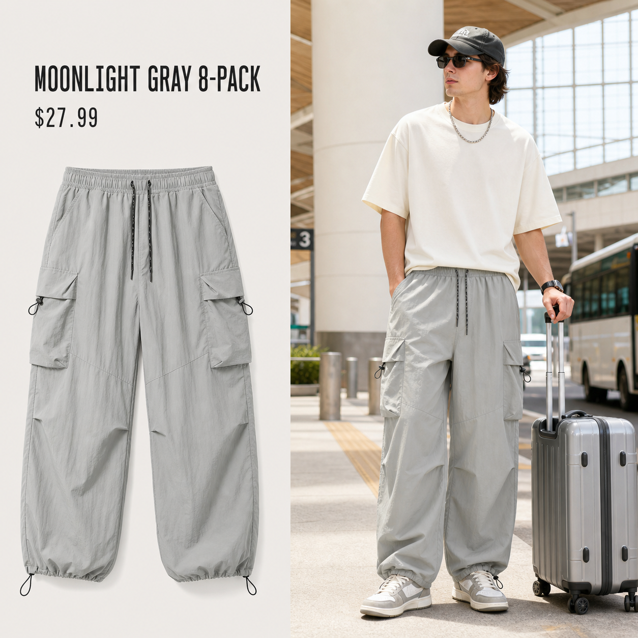 Moonlight Gray lightweight parachute cargo pants 8-Pack