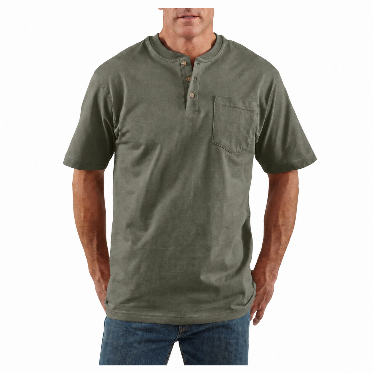Moss Olive loose-fit midweight three-button pocket Henley front view