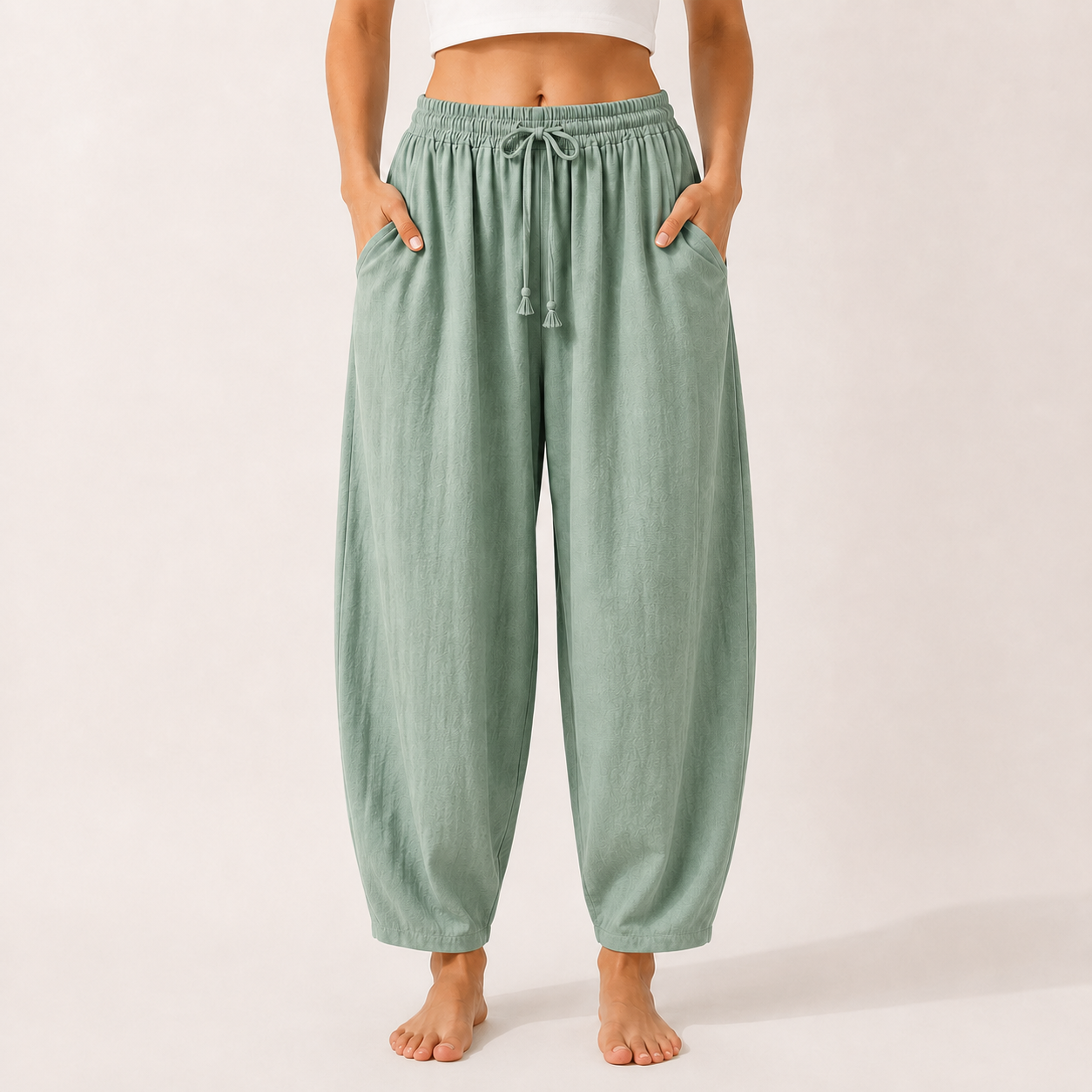 Sea green linen blend wide leg palazzo pants front