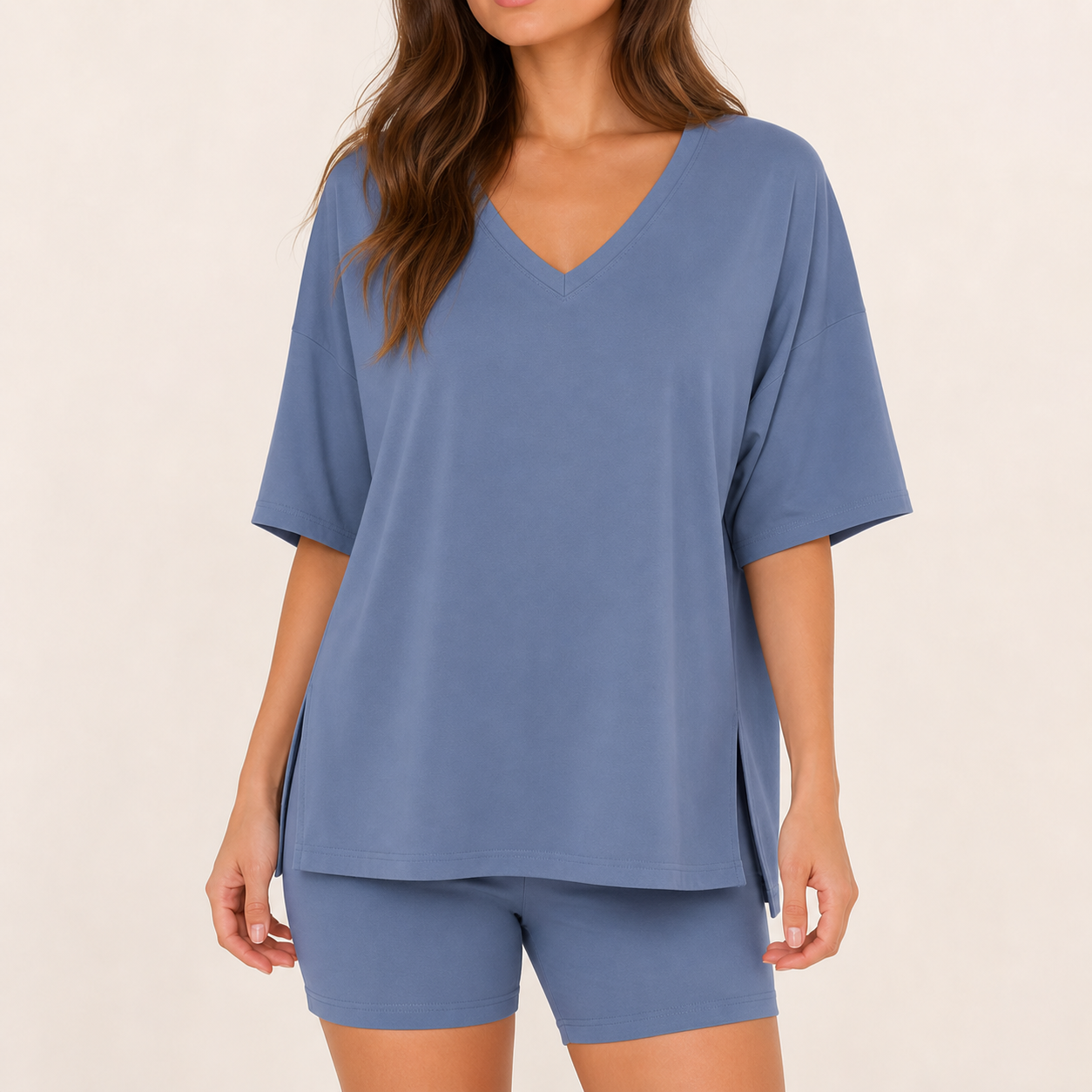 Slate blue oversized V-neck tee and biker shorts lounge set