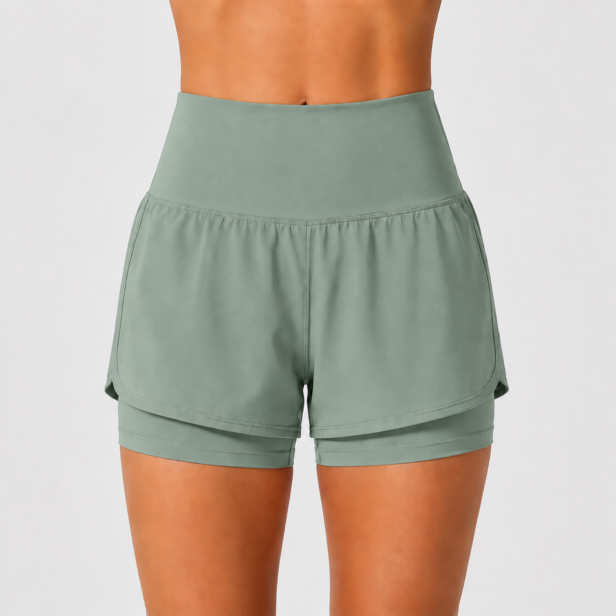 Withered Green super high waisted 2-in-1 yoga shorts front view