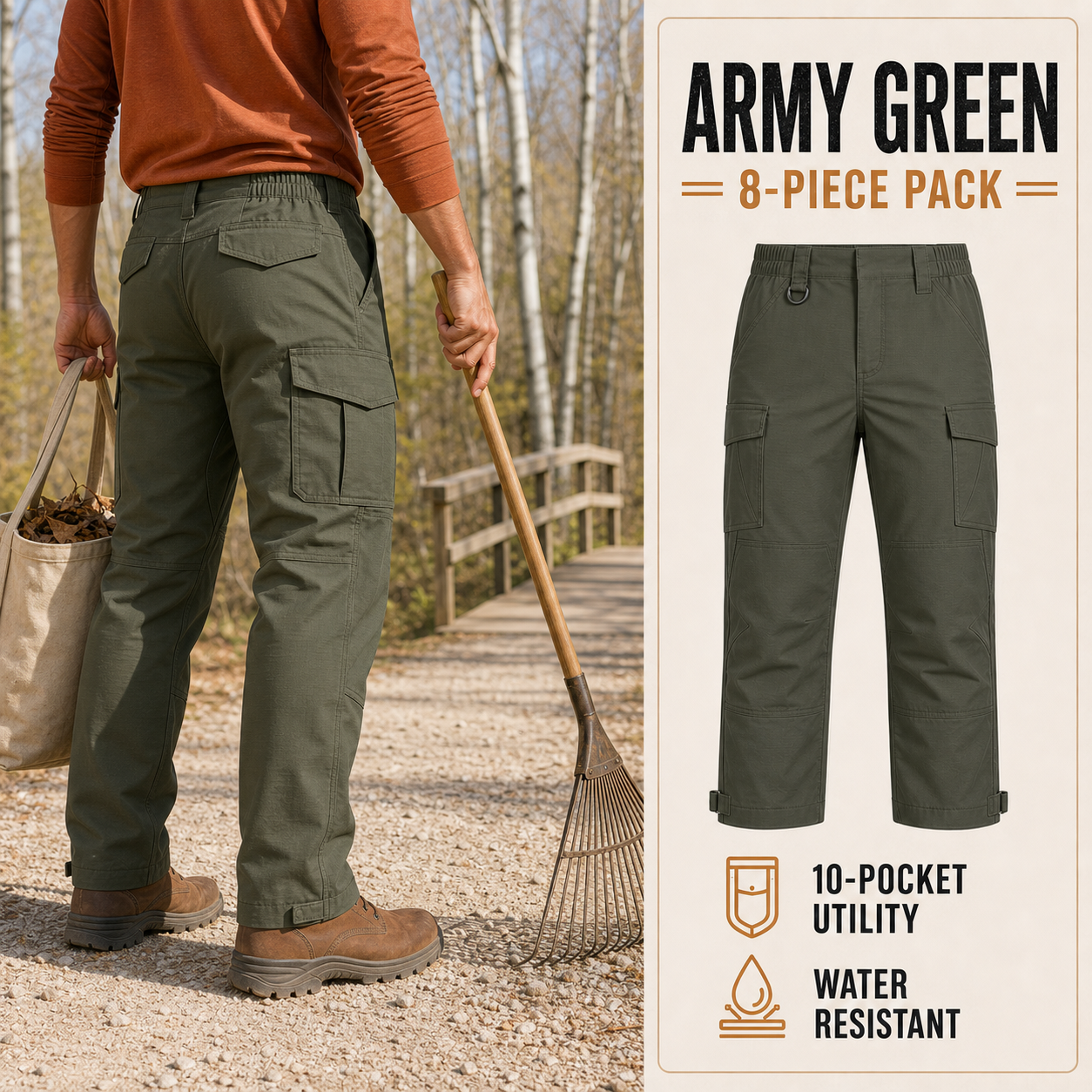 Army Green 8-Pack lightweight ripstop tactical work pants